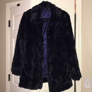 New Dennis Basso Navy Faux Fur Long Sleeve Coat